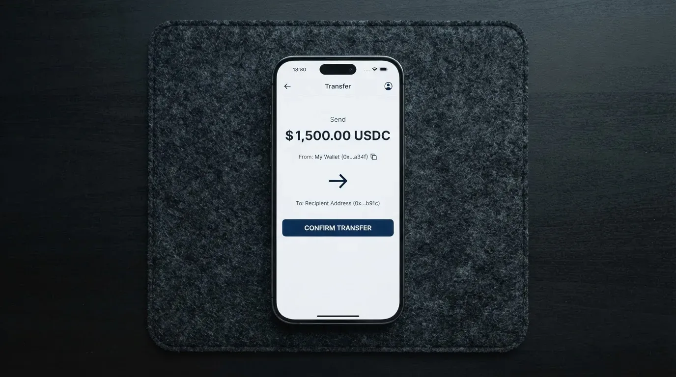 A phone showing a stablecoin transfer screen