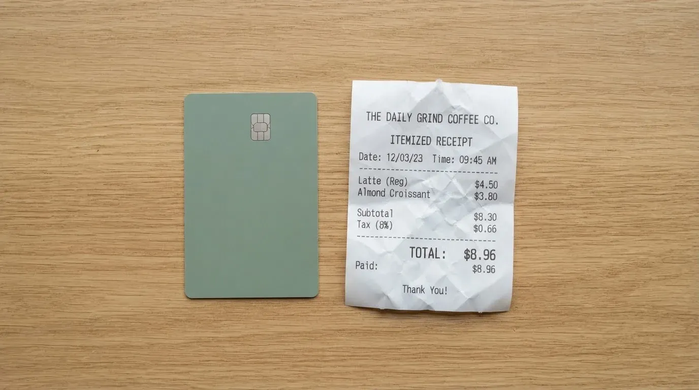 A receipt and a card on a café table