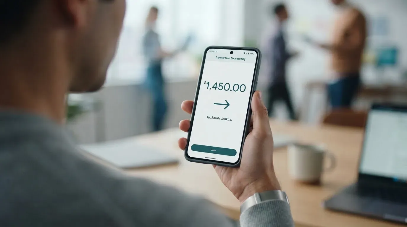 A phone showing a stablecoin transfer screen
