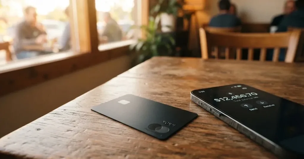 A payment card next to a phone with a crypto wallet app open