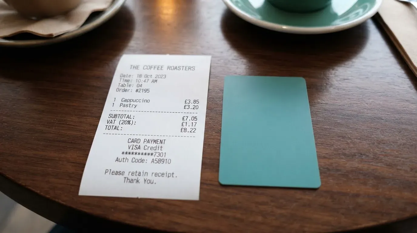 A receipt and a card on a café table