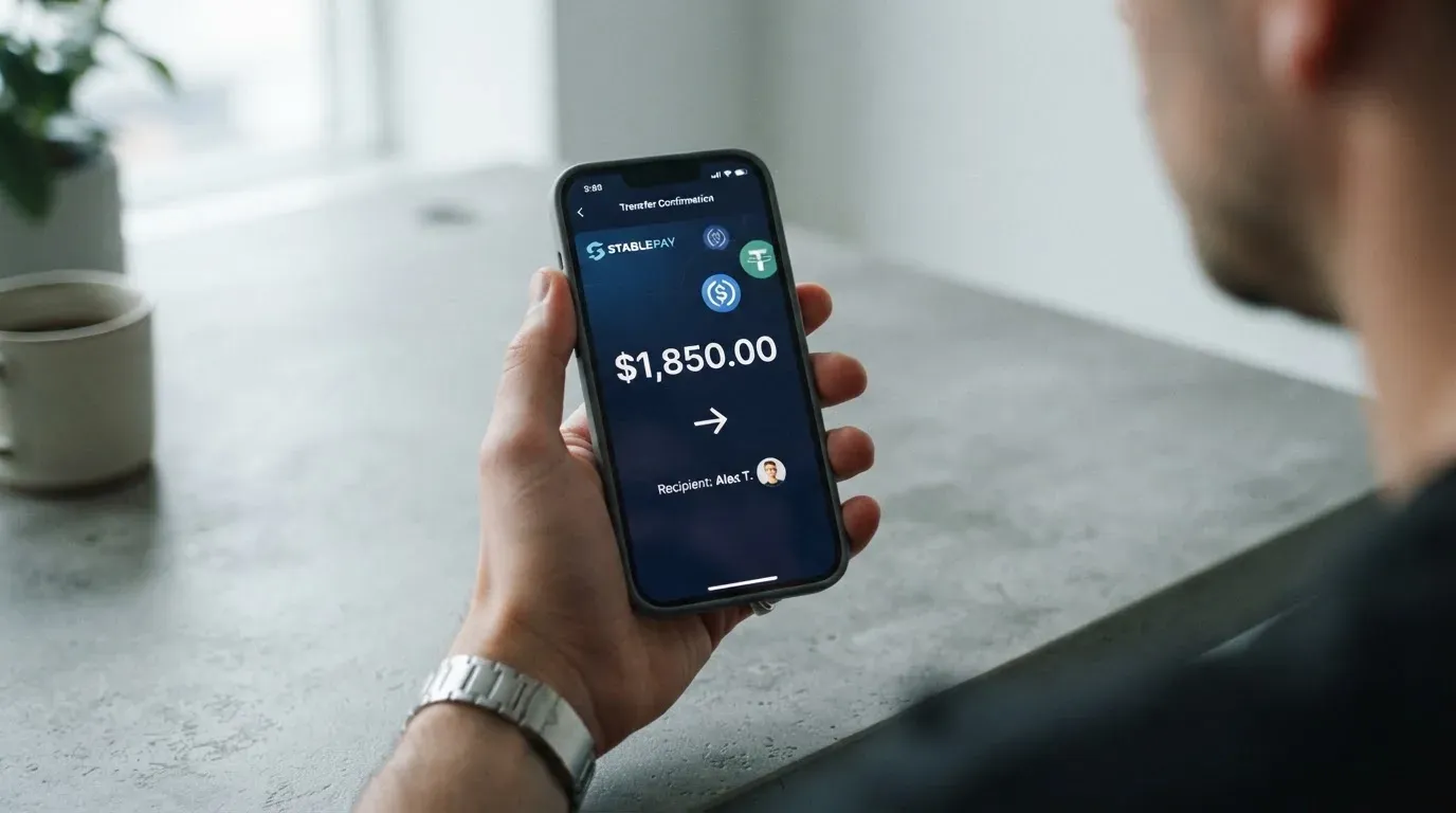 A phone showing a stablecoin transfer screen
