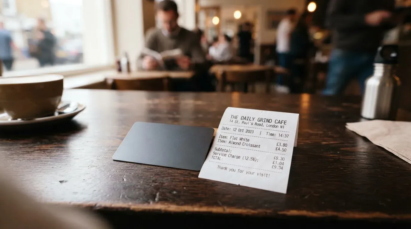 A receipt and a card on a café table