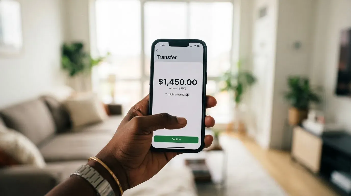 A phone showing a stablecoin transfer screen