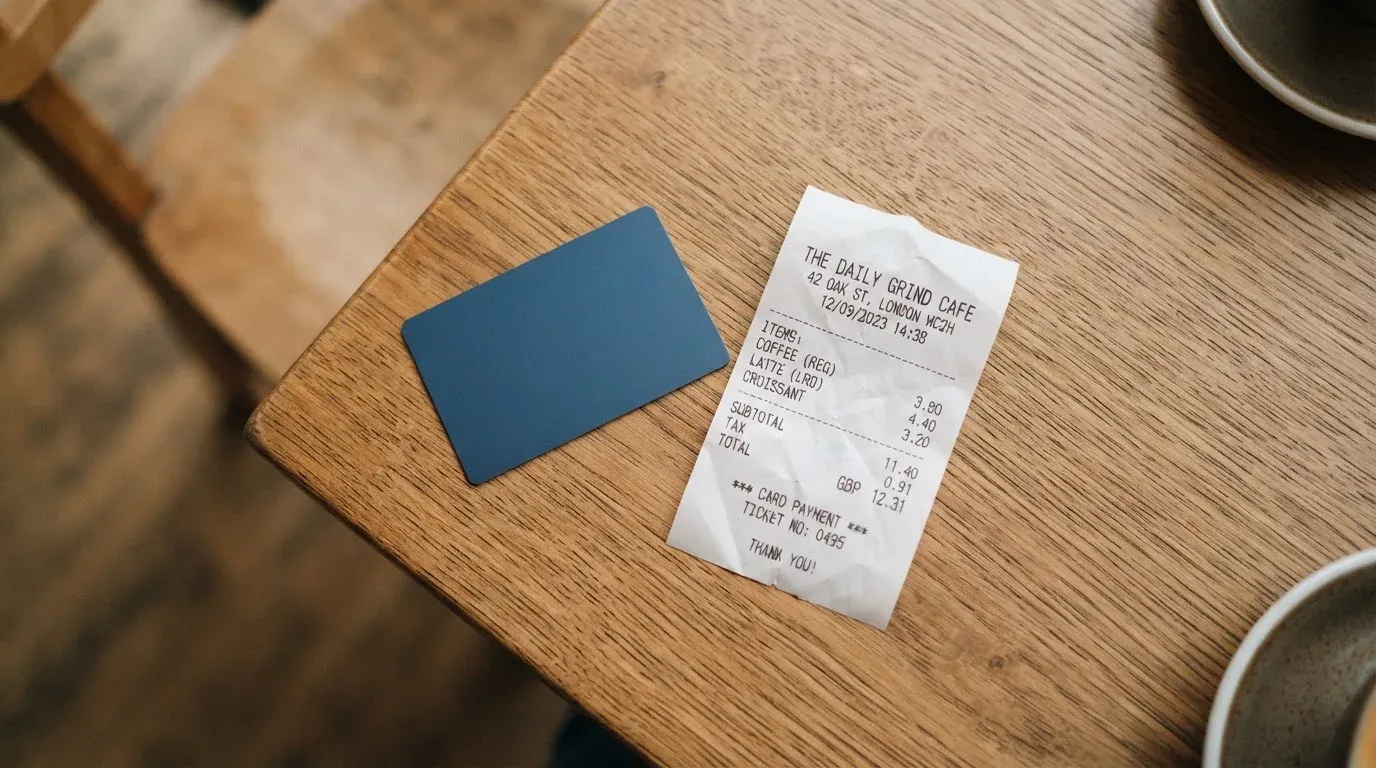 A receipt and a card on a café table