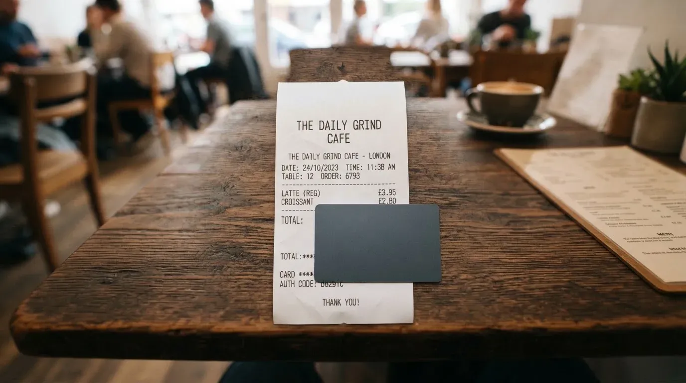 A receipt and a card on a café table