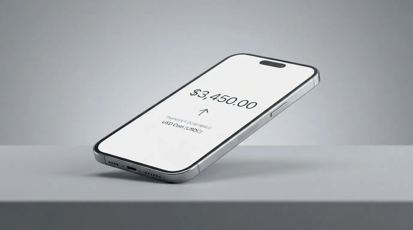 A phone showing a stablecoin transfer screen