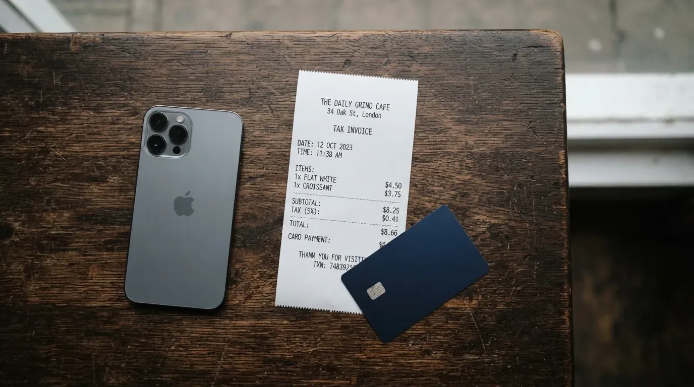 A receipt and a card on a café table