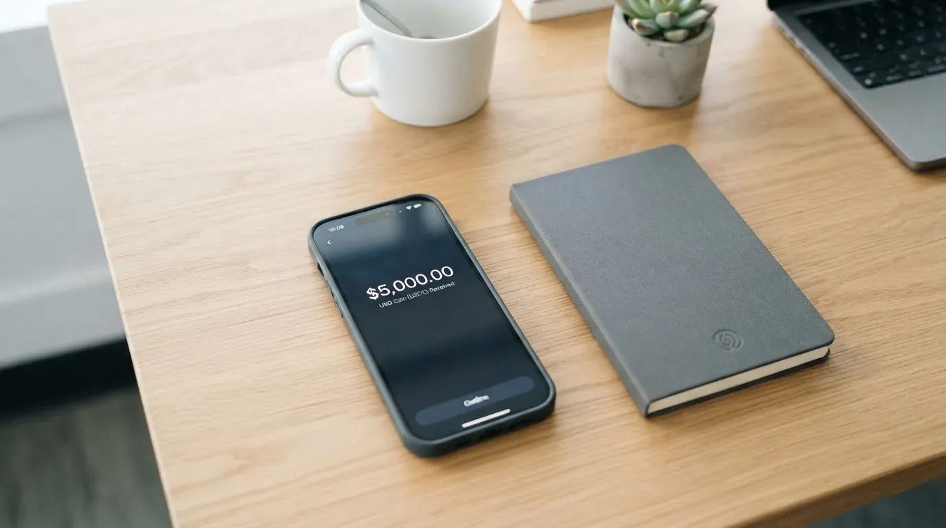 A phone showing a stablecoin transfer screen