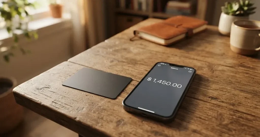 A payment card next to a phone with a crypto wallet app open