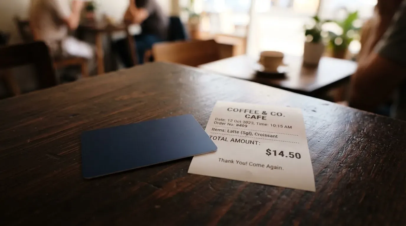 A receipt and a card on a café table