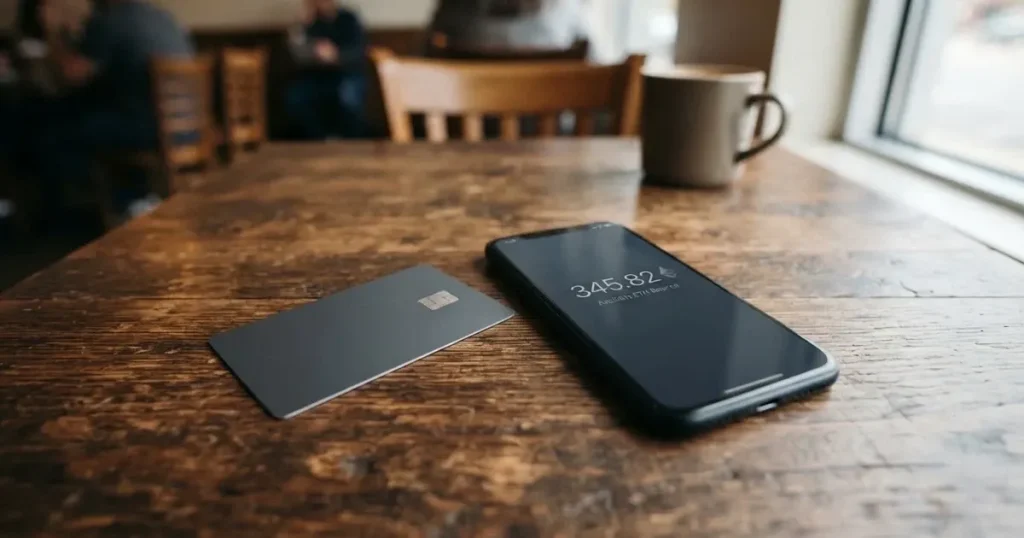A payment card next to a phone with a crypto wallet app open