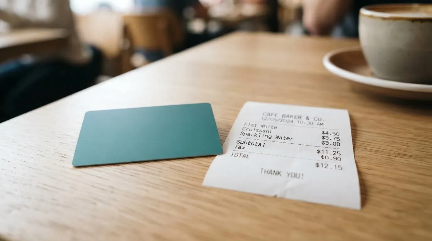 A receipt and a card on a café table