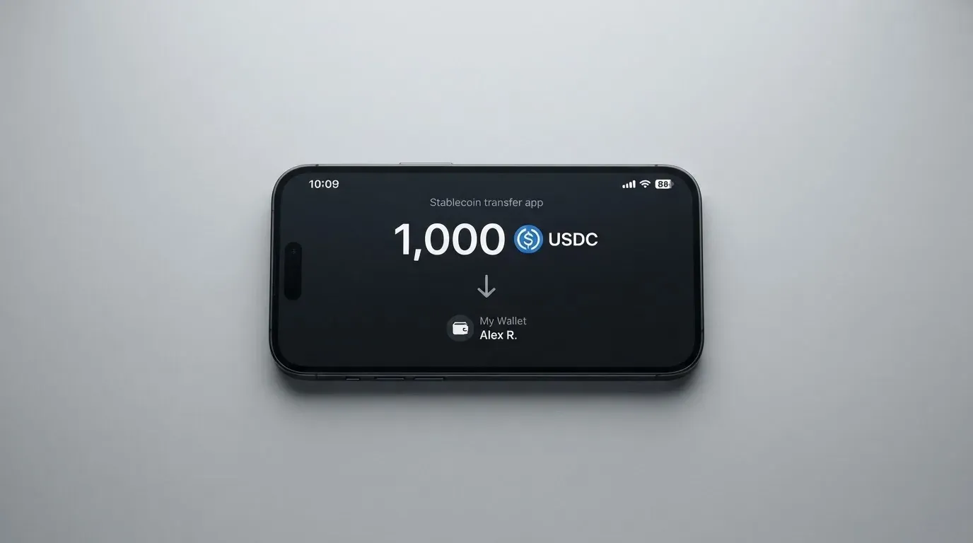 A phone showing a stablecoin transfer screen