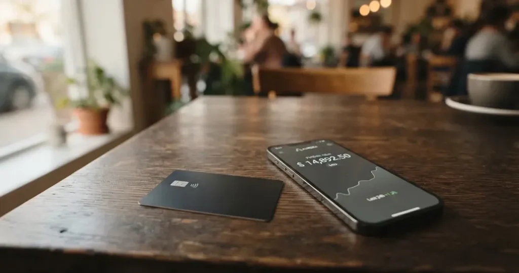 A payment card next to a phone with a crypto wallet app open