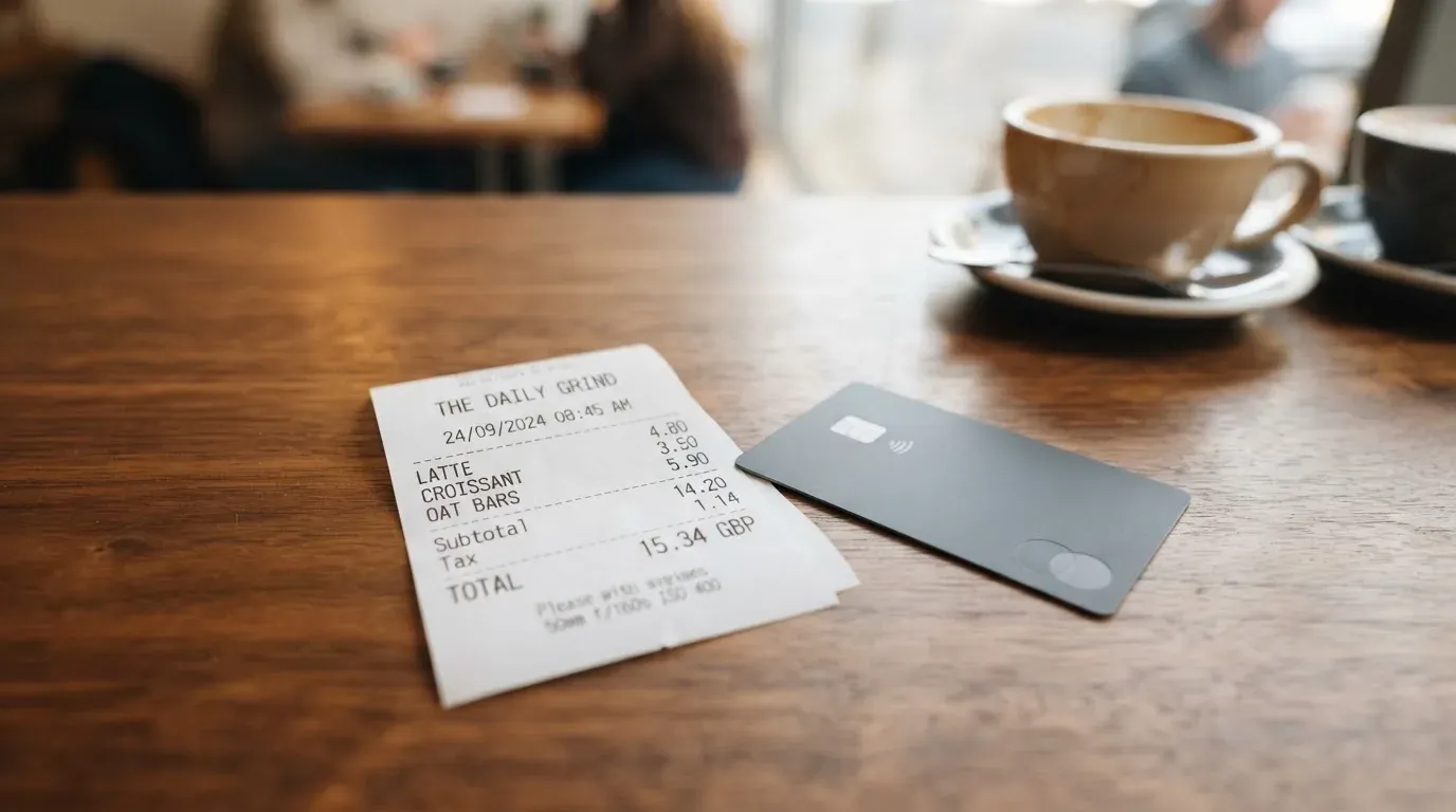 A receipt and a card on a café table