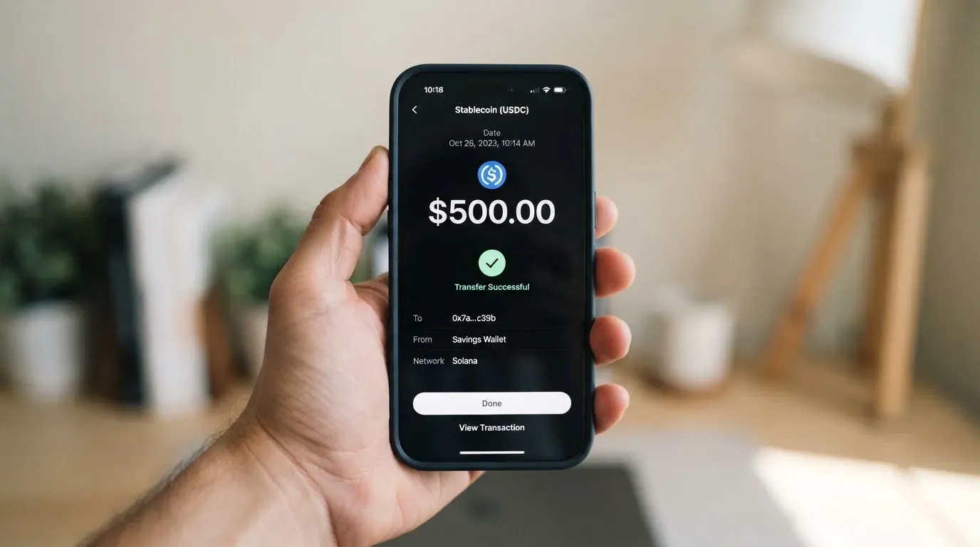 A phone showing a stablecoin transfer screen