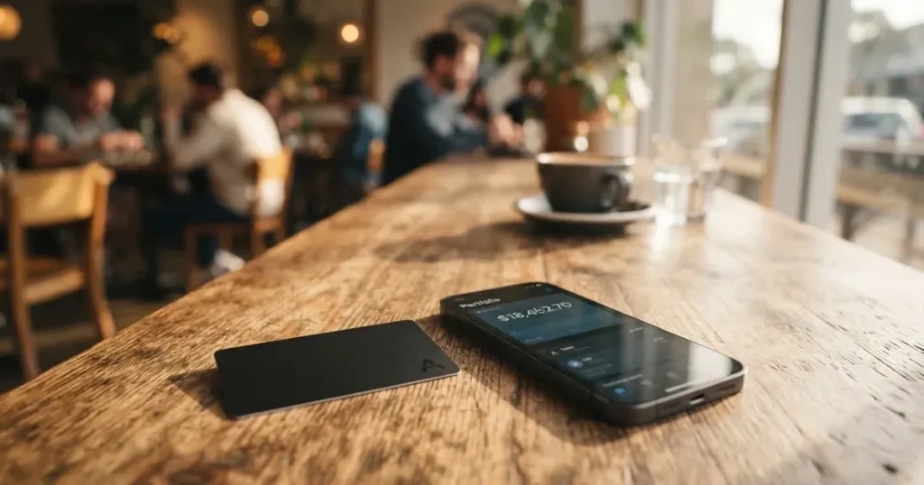 A payment card next to a phone with a crypto wallet app open