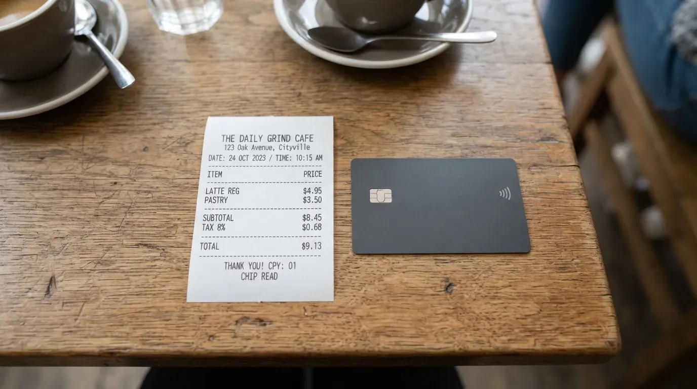 A receipt and a card on a café table