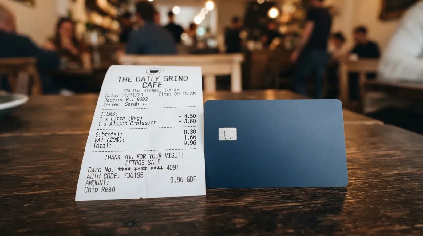 A receipt and a card on a café table