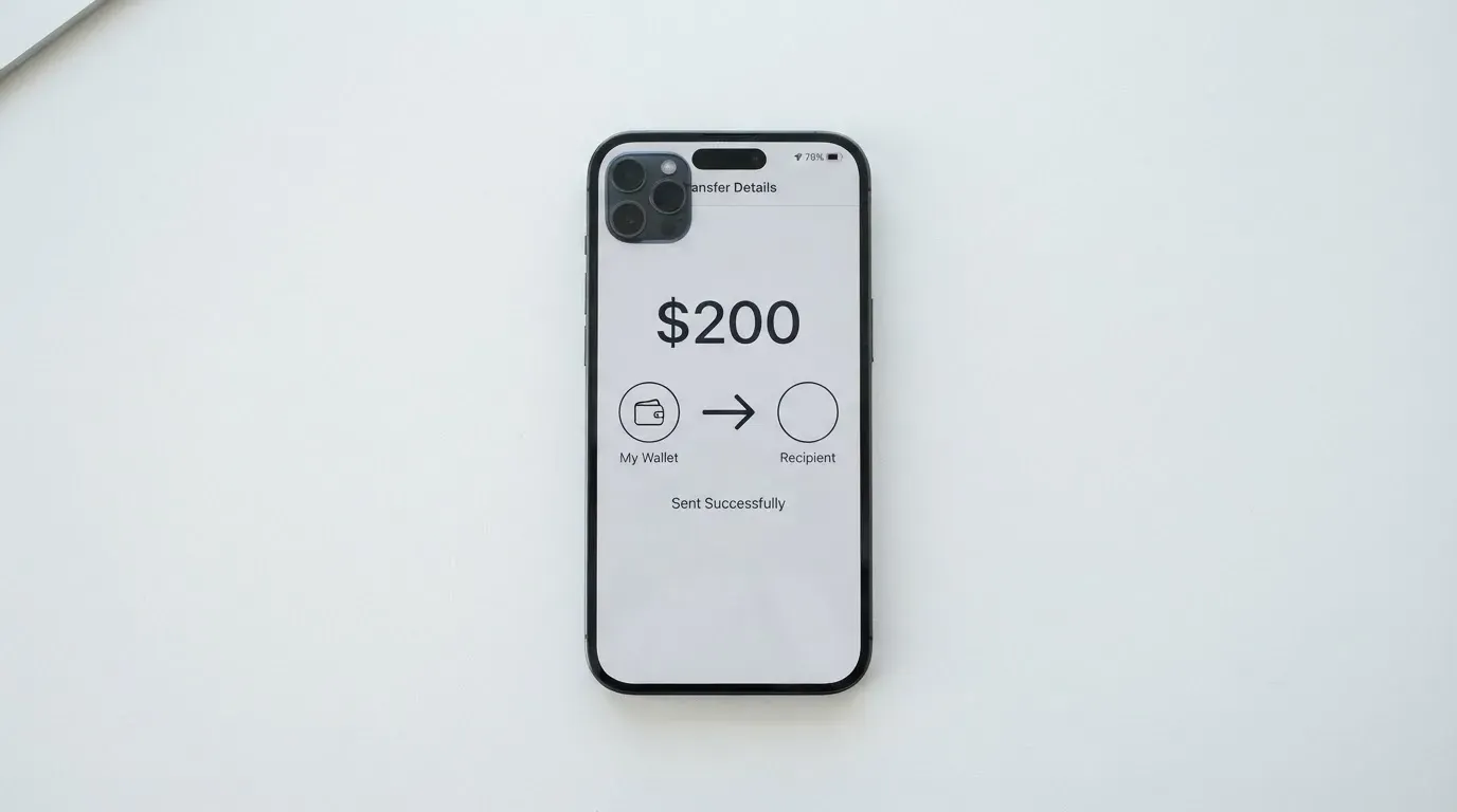 A phone showing a stablecoin transfer screen