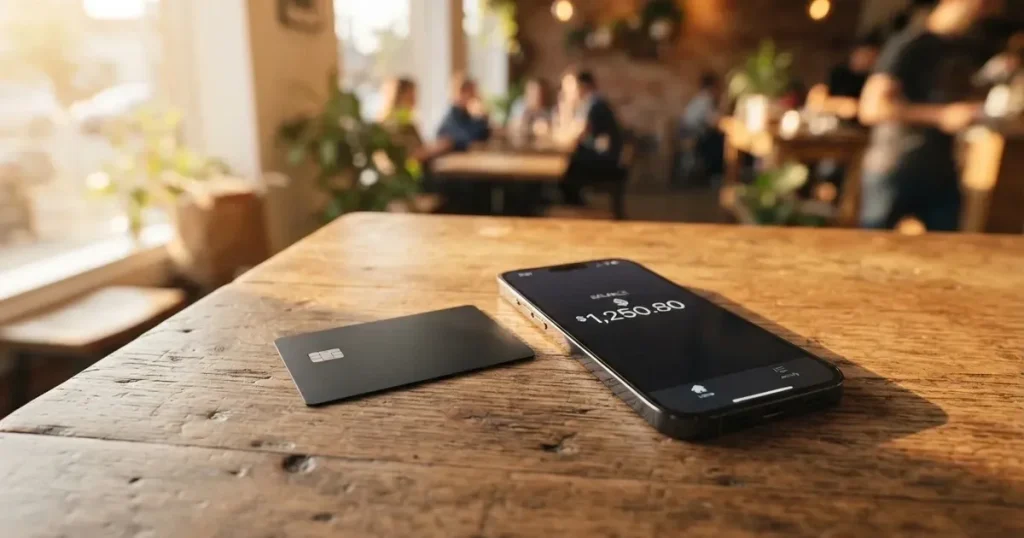 A payment card next to a phone with a crypto wallet app open