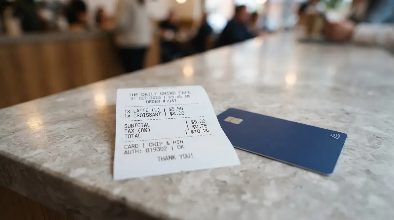 A receipt and a card on a café table