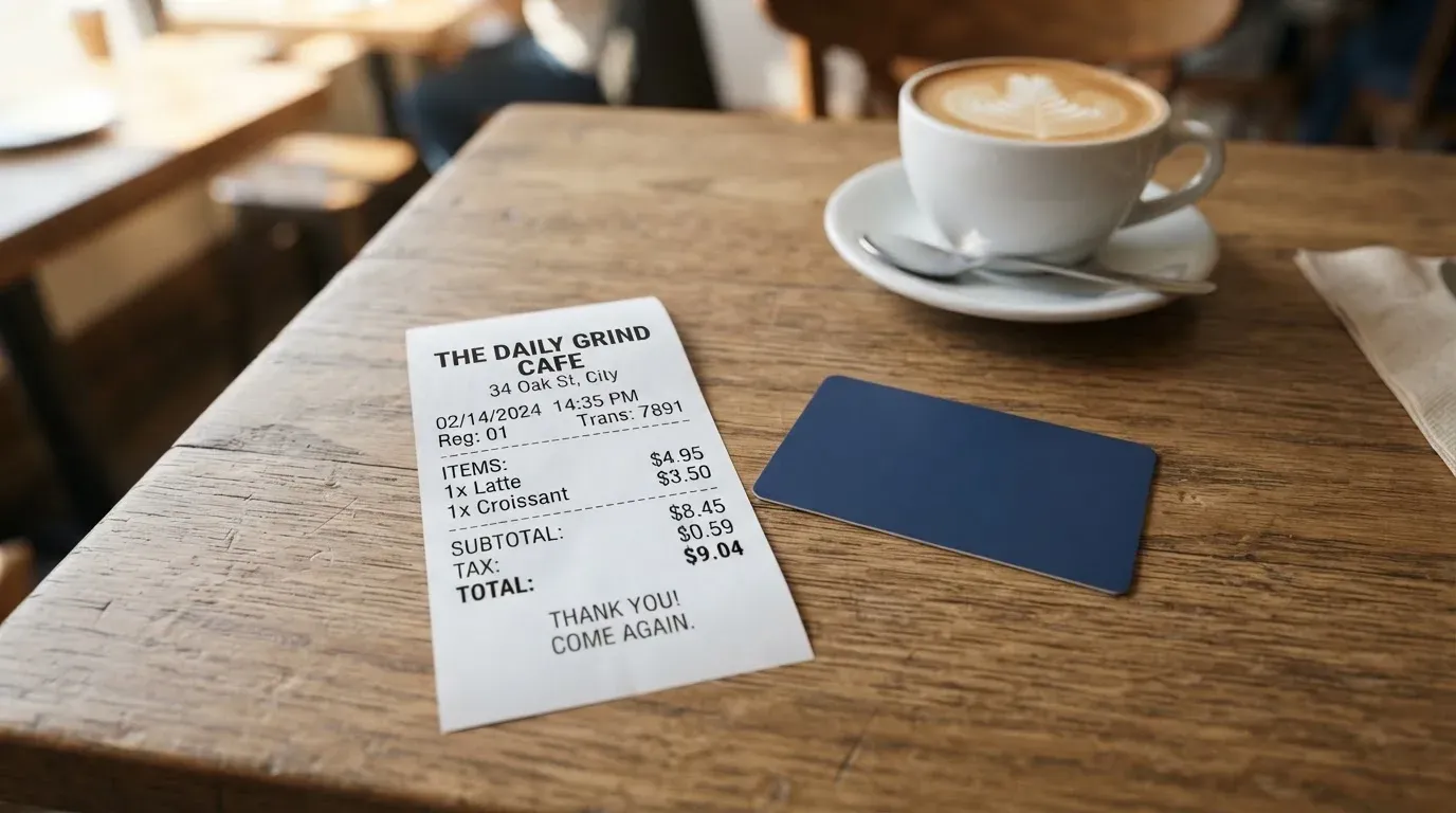 A receipt and a card on a café table