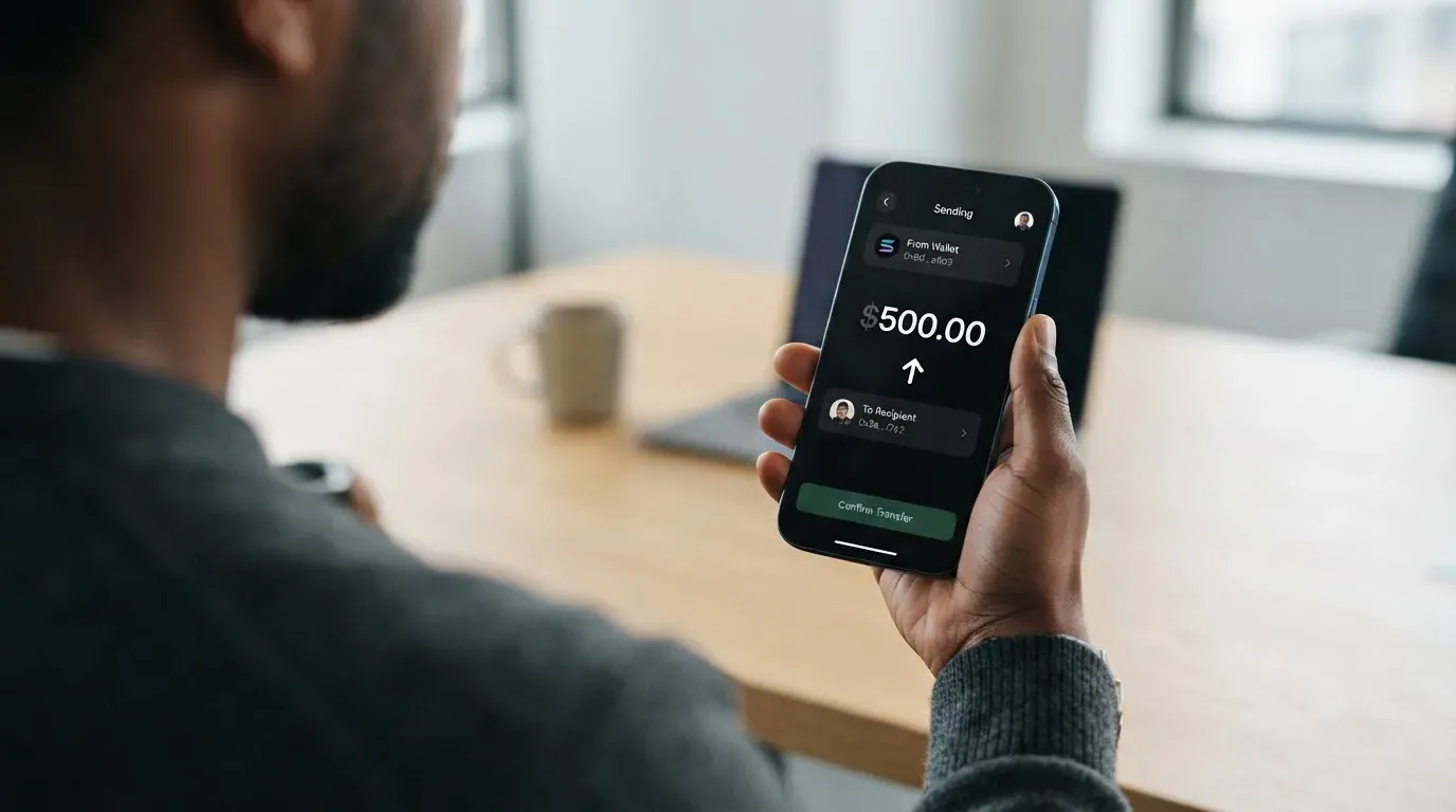 A phone showing a stablecoin transfer screen