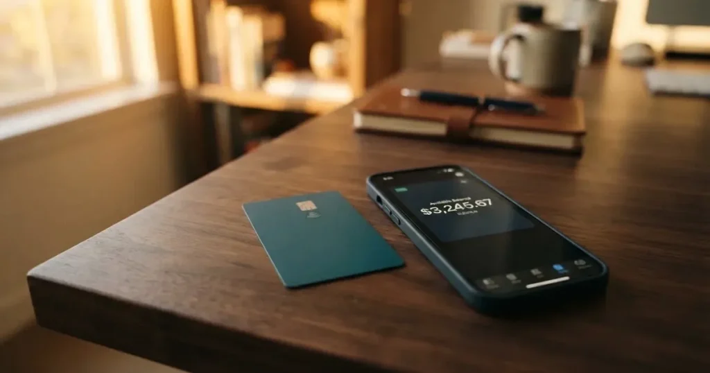 A payment card next to a phone with a crypto wallet app open