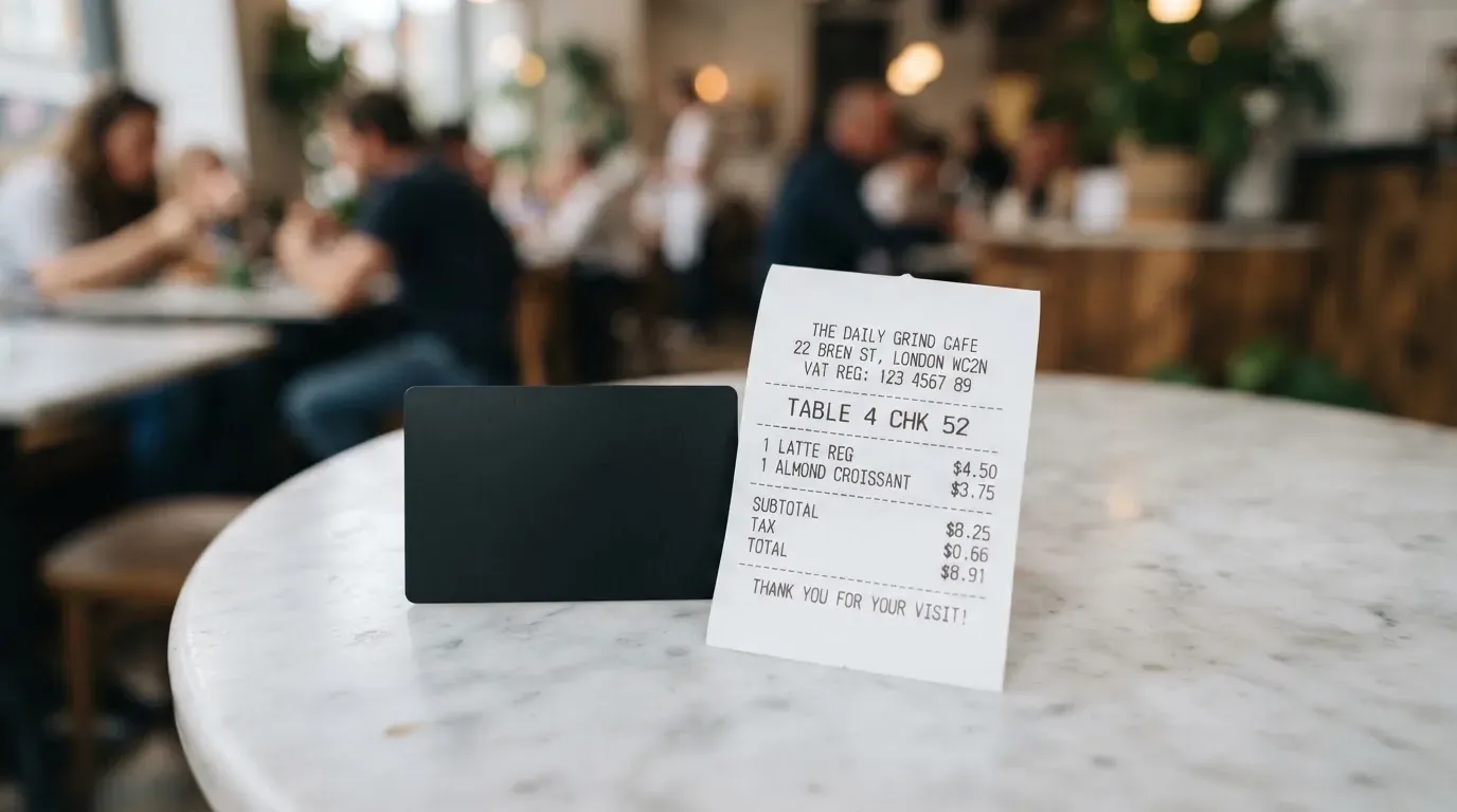 A receipt and a card on a café table