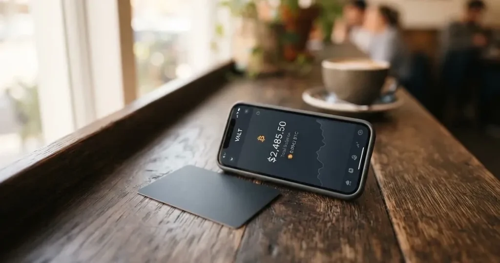A payment card next to a phone with a crypto wallet app open