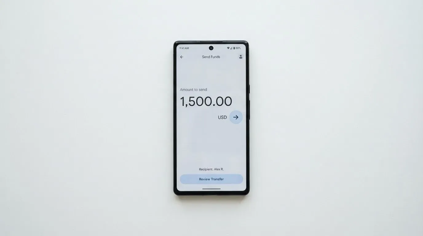 A phone showing a stablecoin transfer screen