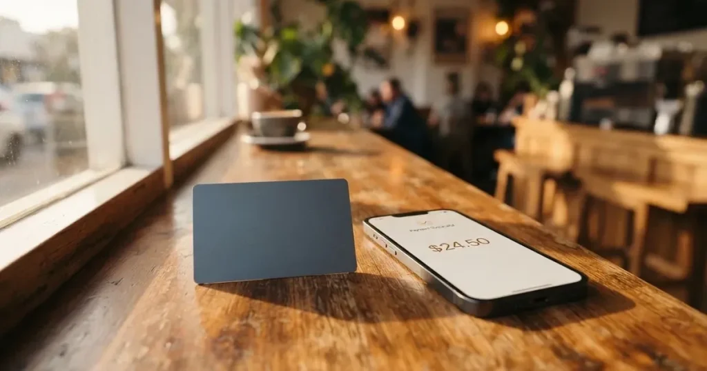 A payment card next to a phone with a crypto wallet app open