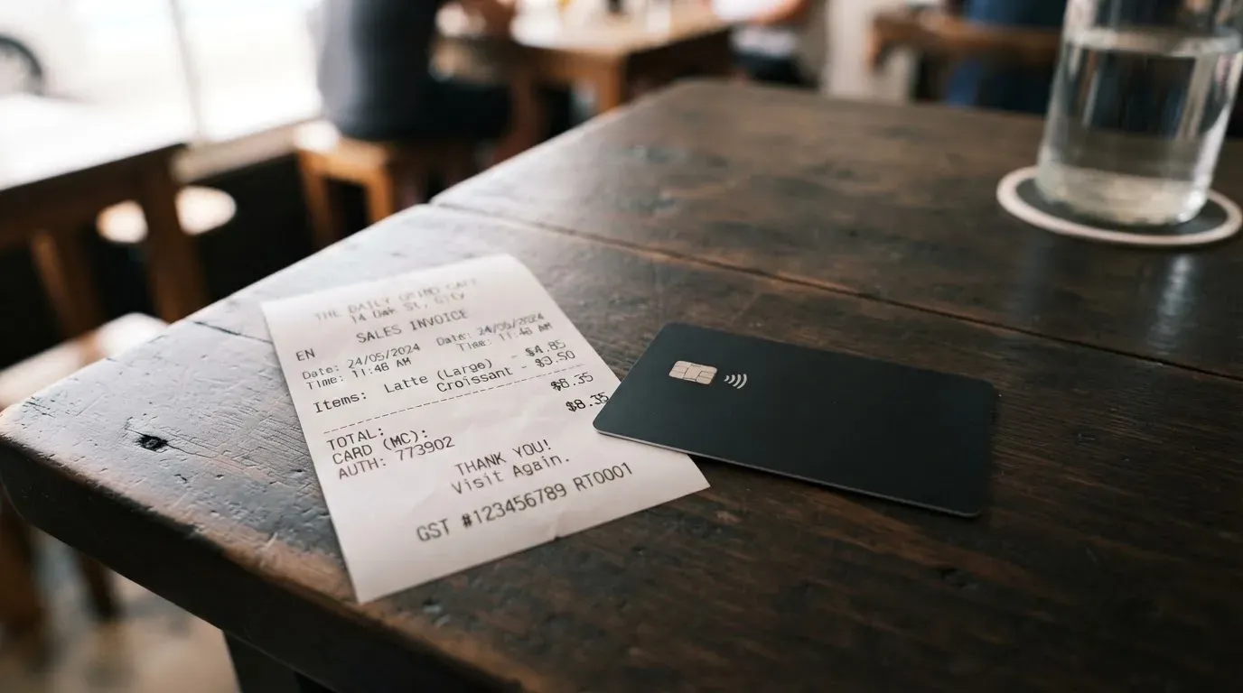 A receipt and a card on a café table