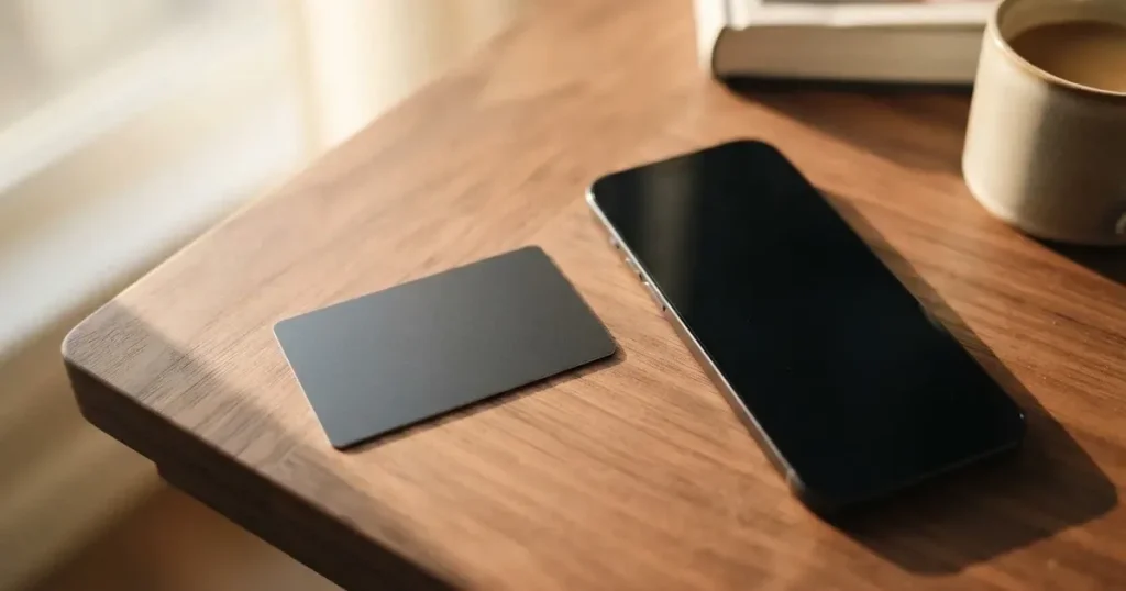 A payment card next to a phone with a crypto wallet app open