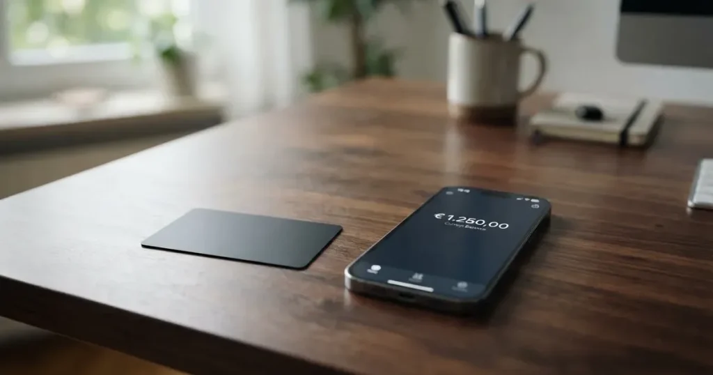 A payment card next to a phone with a crypto wallet app open