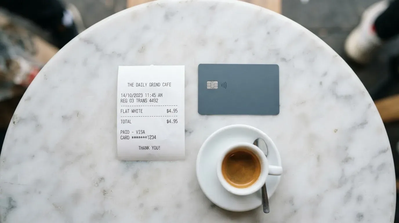 A receipt and a card on a café table