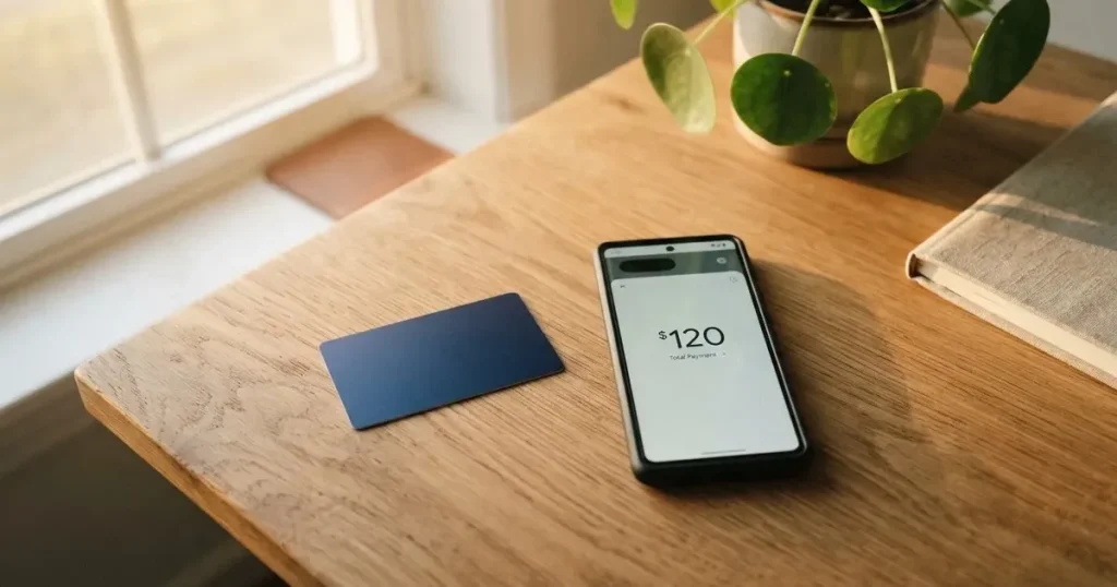 A payment card next to a phone with a crypto wallet app open