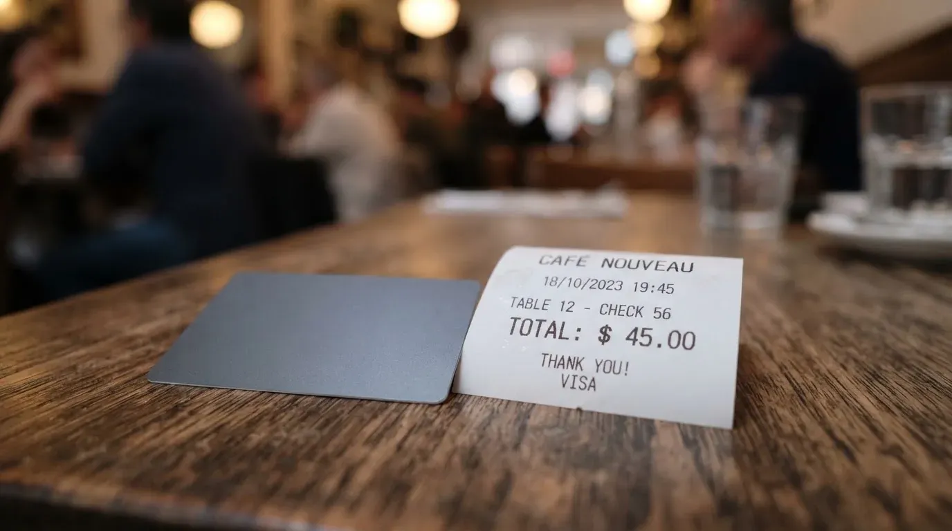 A receipt and a card on a café table