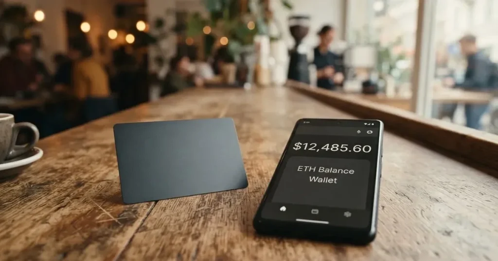 A payment card next to a phone with a crypto wallet app open