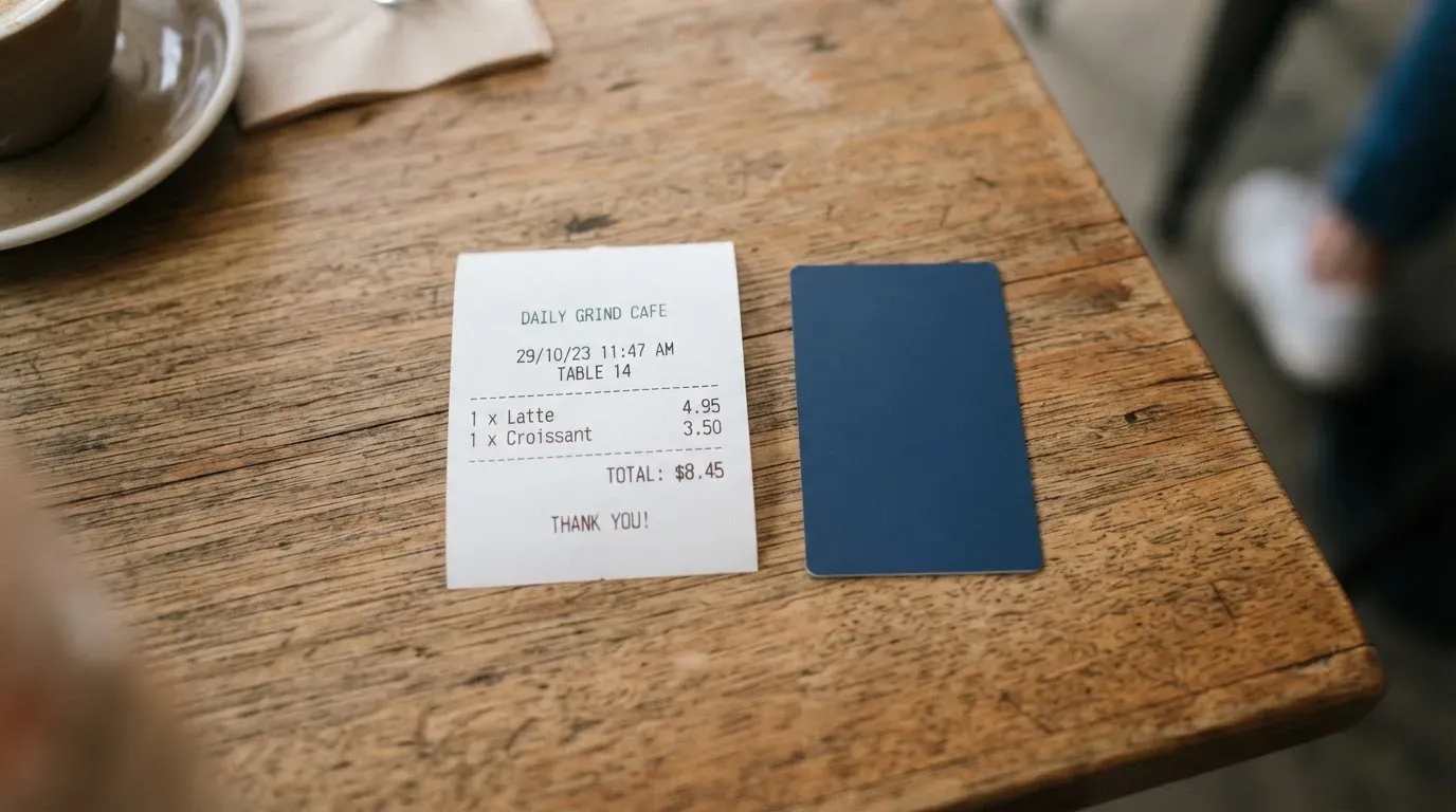 A receipt and a card on a café table