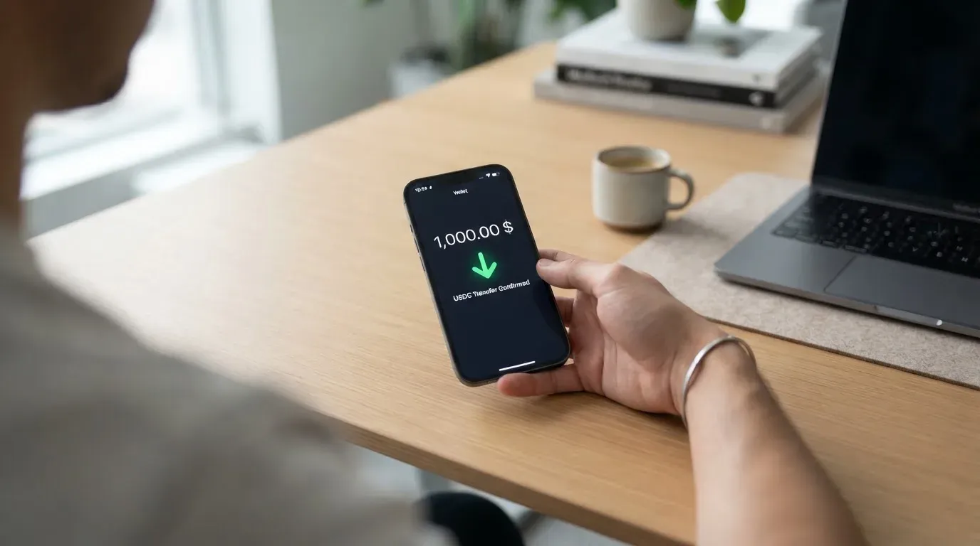 A phone showing a stablecoin transfer screen