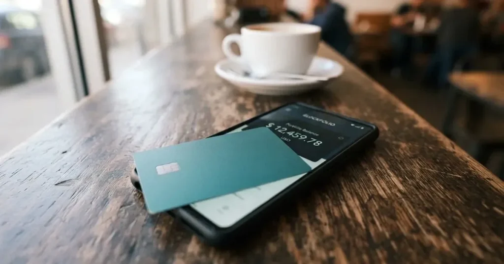 A payment card next to a phone with a crypto wallet app open