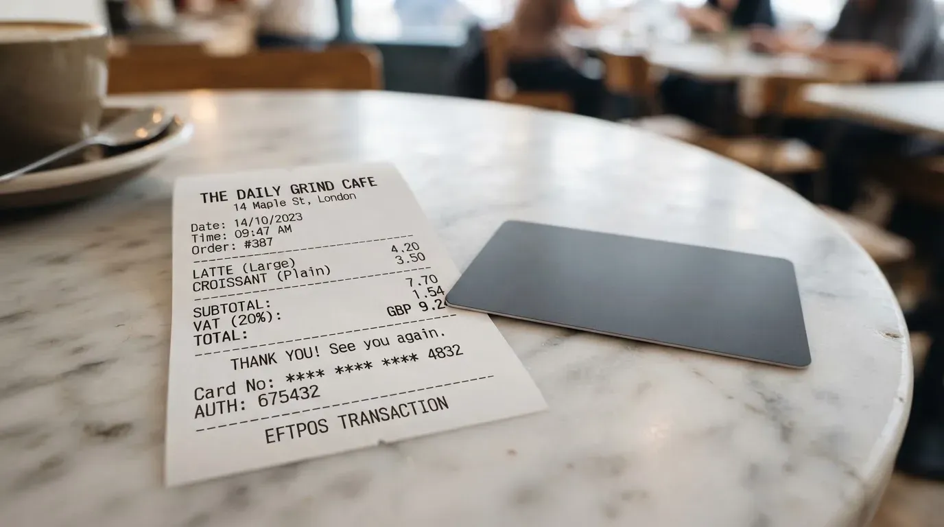 A receipt and a card on a café table