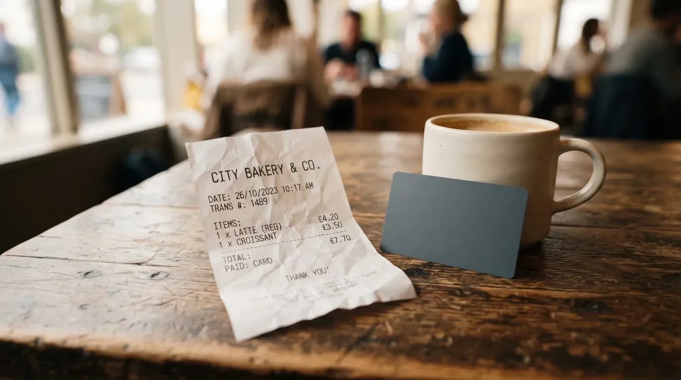 A receipt and a card on a café table