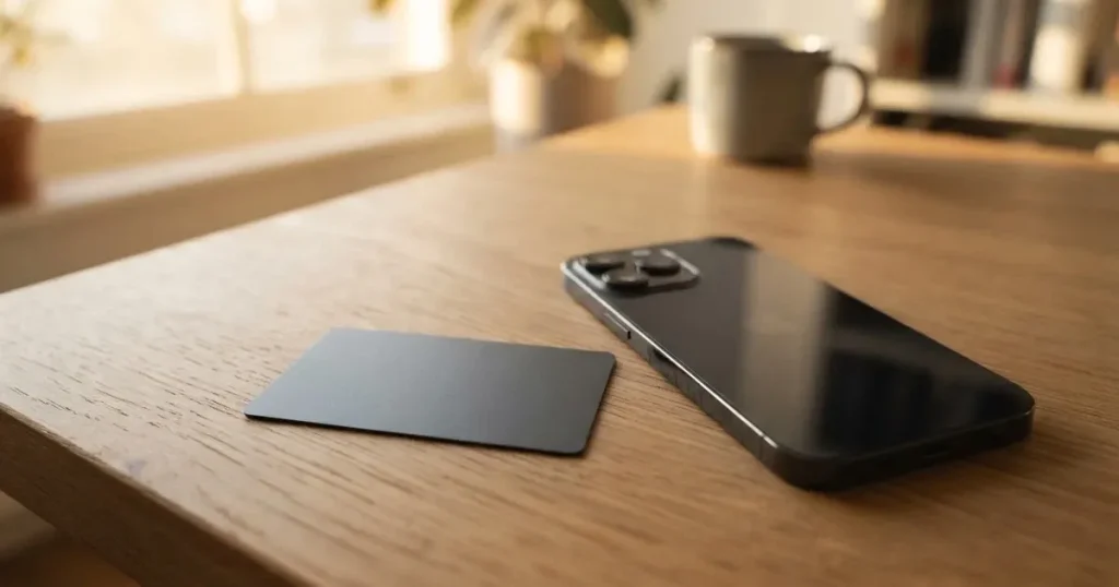 A payment card next to a phone with a crypto wallet app open