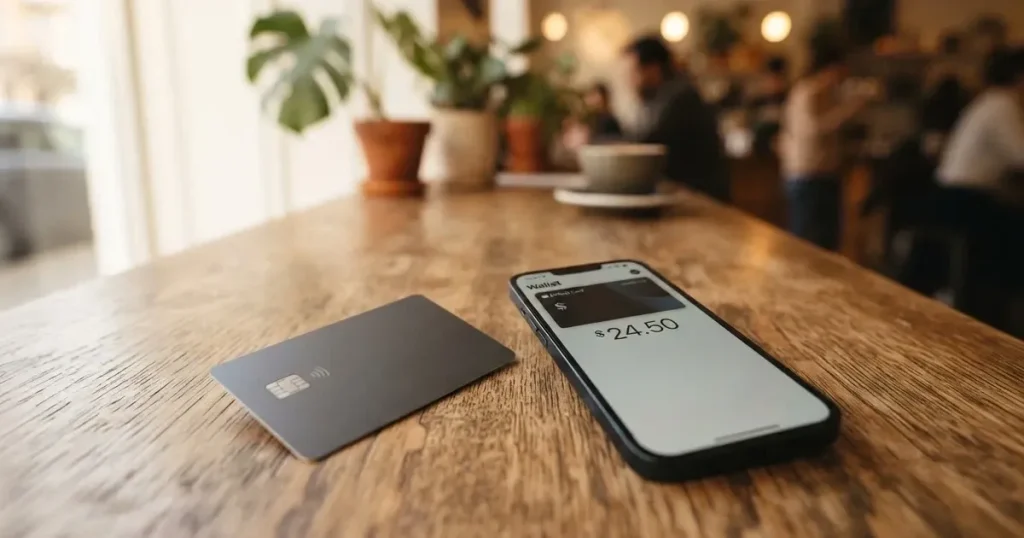 A payment card next to a phone with a crypto wallet app open