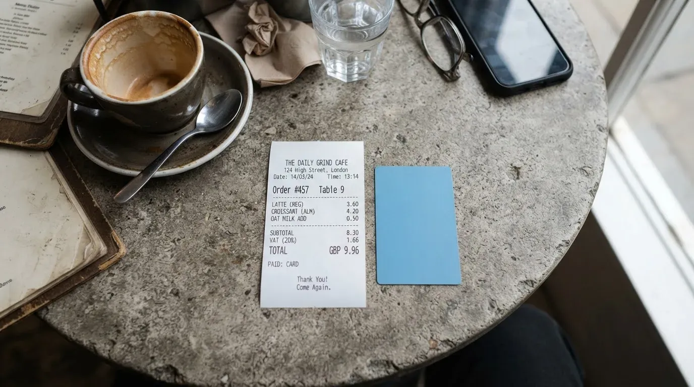 A receipt and a card on a café table