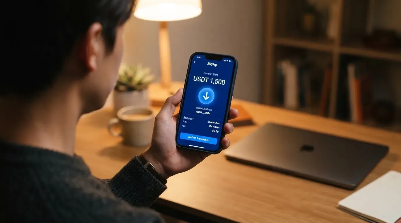 A phone showing a stablecoin transfer screen